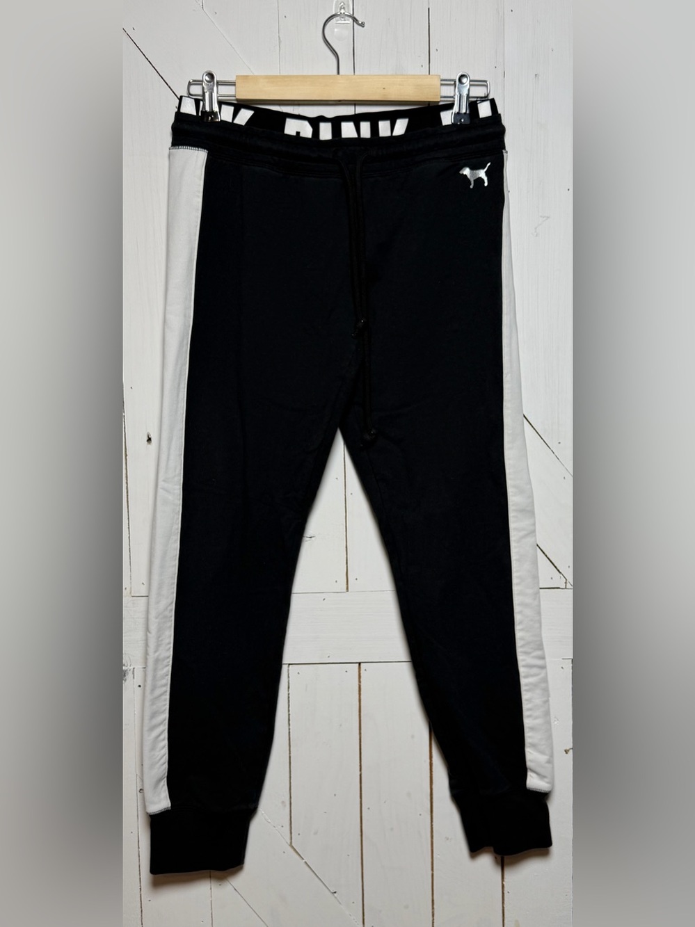 PINK Victoria’s Secret Black Fleece Joggers Medium White Side Stripe Silver Logo